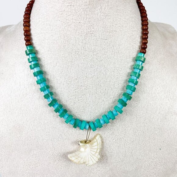 Southwestern Turquoise & Wood Heishi Necklace With Mother Of Pearl Eagle Pendant - Picture 1 of 5
